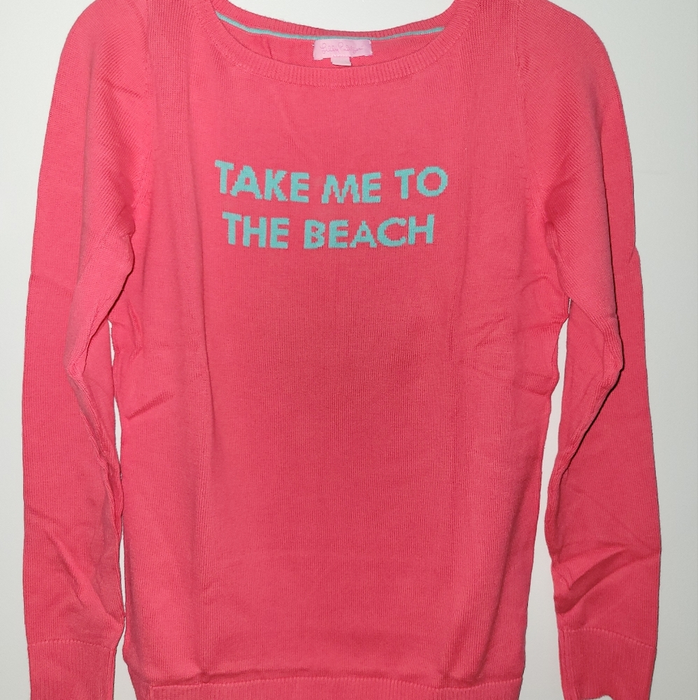 Lilly Pulitzer Pink Crewneck Sweater with Aqua 'Take Me To The Beach'